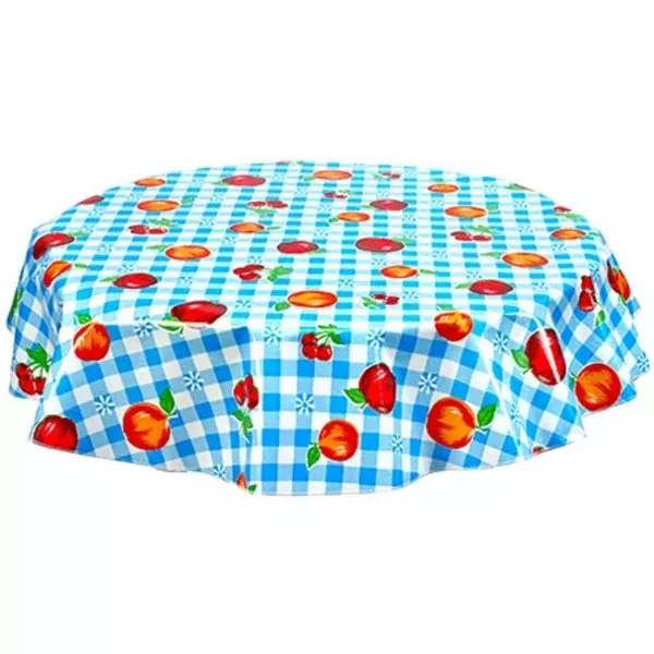 Round Gingham and Fruit Light Blue Oilcloth Tablecloths