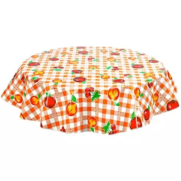 Round Gingham and Fruit Orange Oilcloth Tablecloths