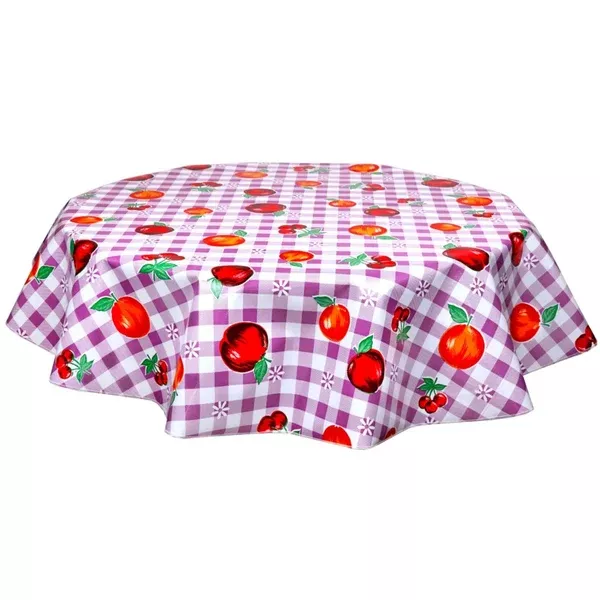 Round Gingham and Fruit Purple Oilcloth Tablecloths