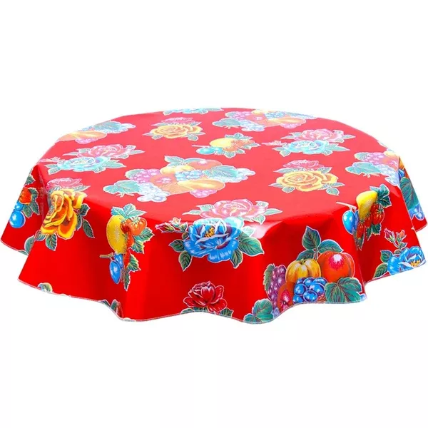Round Lemons and Roses Red Oilcloth Tablecloths