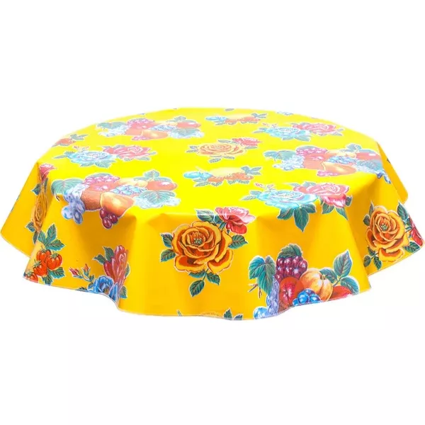 Round Lemons and Roses Yellow Oilcloth Tablecloths