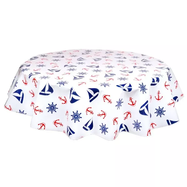 Round Nautical Red and Navy Blue Oilcloth Tablecloths