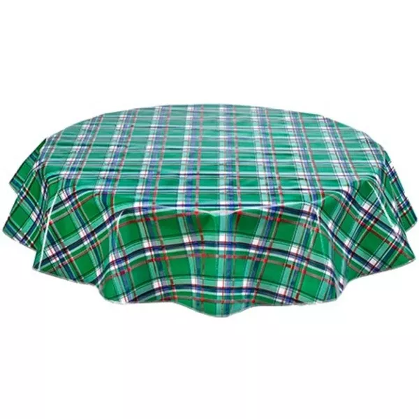 Round Plaid Green and Navy Blue Oilcloth Tablecloths