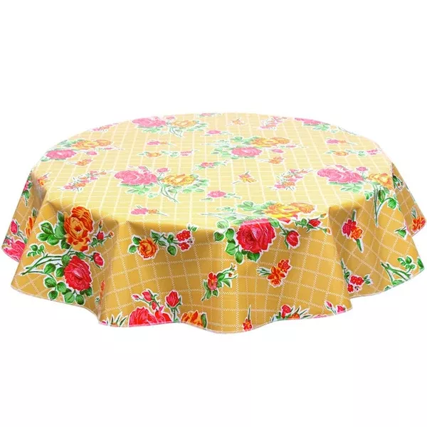Round Rose and Grid Tan Oilcloth Tablecloths