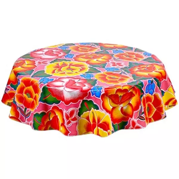 Round Sage's Garden Pink Oilcloth Tablecloths