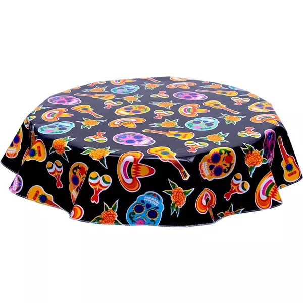 Round Skulls on Black Oilcloth Tablecloths