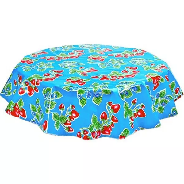 Round Strawberry Light Blue Oilcloth Tablecloths