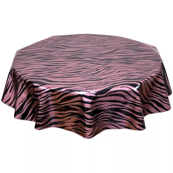 Round Zebra Black and Metallic Pink Oilcloth Tablecloths