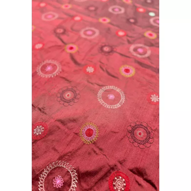Ruby Wine/Multicolor Embroidered Dupioni Silk