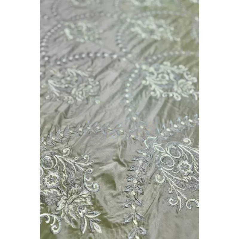 Sage Green/Multicolor Embroidered METF-030/1 Silk Taffeta