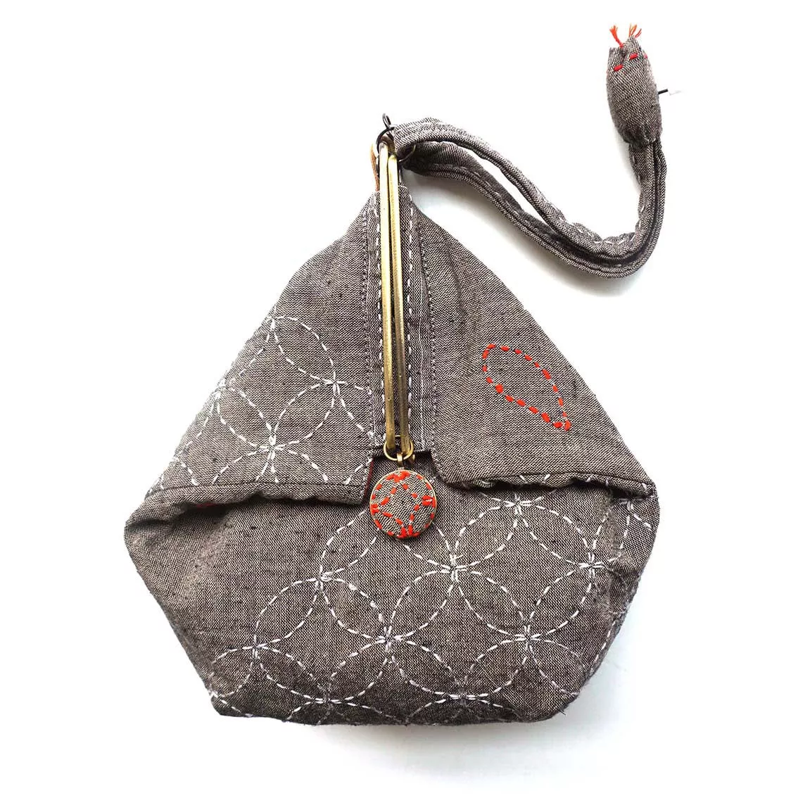 Sashiko Slide Clasp Pouch Full Kit Brown