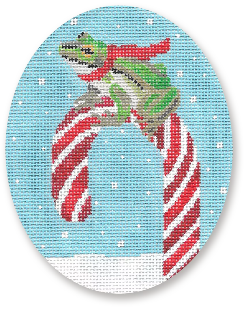 Scott Church Needlepoint – Frog on Candy Cane Ornament