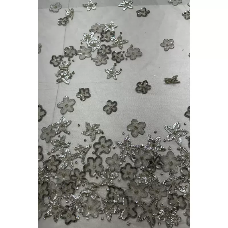Silver Gray Embroidery Beading on Gray Tulle Embroidery