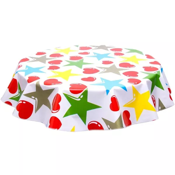 Slightly Imperfect 47" Round Hearts and Stars Red and Gold Oilcloth Tablecloth