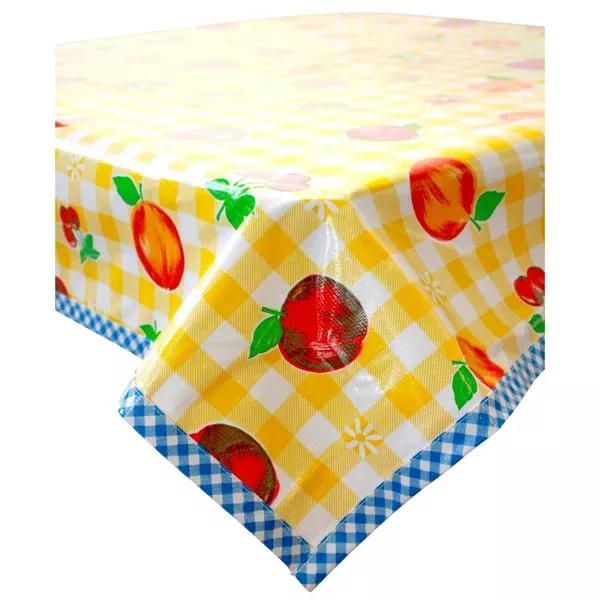 Slightly Imperfect 70x102" Gingham and Fruit Yellow Oilcloth Tablecloth