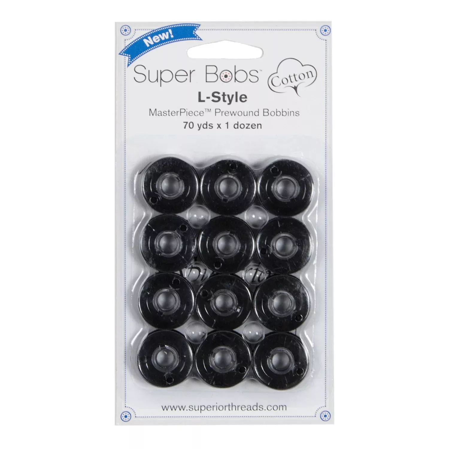 Super Bobs MasterPiece Cotton 70yd Prewound Bobbins 12ct L-Style Raven