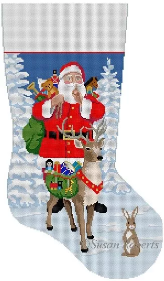 Susan Roberts Needlepoint – Shh, Santa Reindeer Bringing Toys Stocking