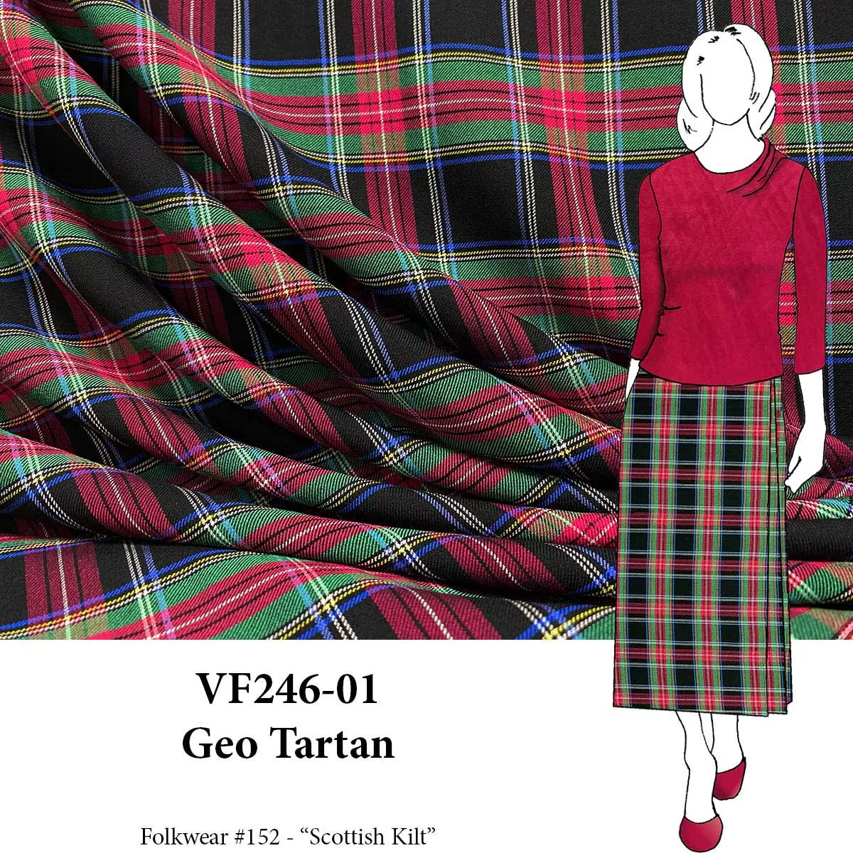 VF246-01 Geo Tartan - Black with Red and Green Plaid Rayon Challis Fabric