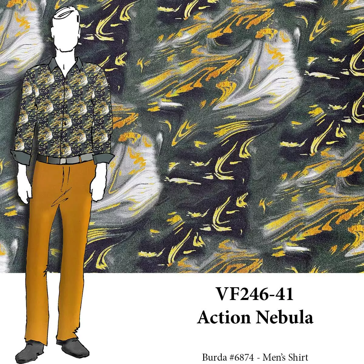 VF246-41 Action Nebula - Gold and Black Rayon Challis Fabric
