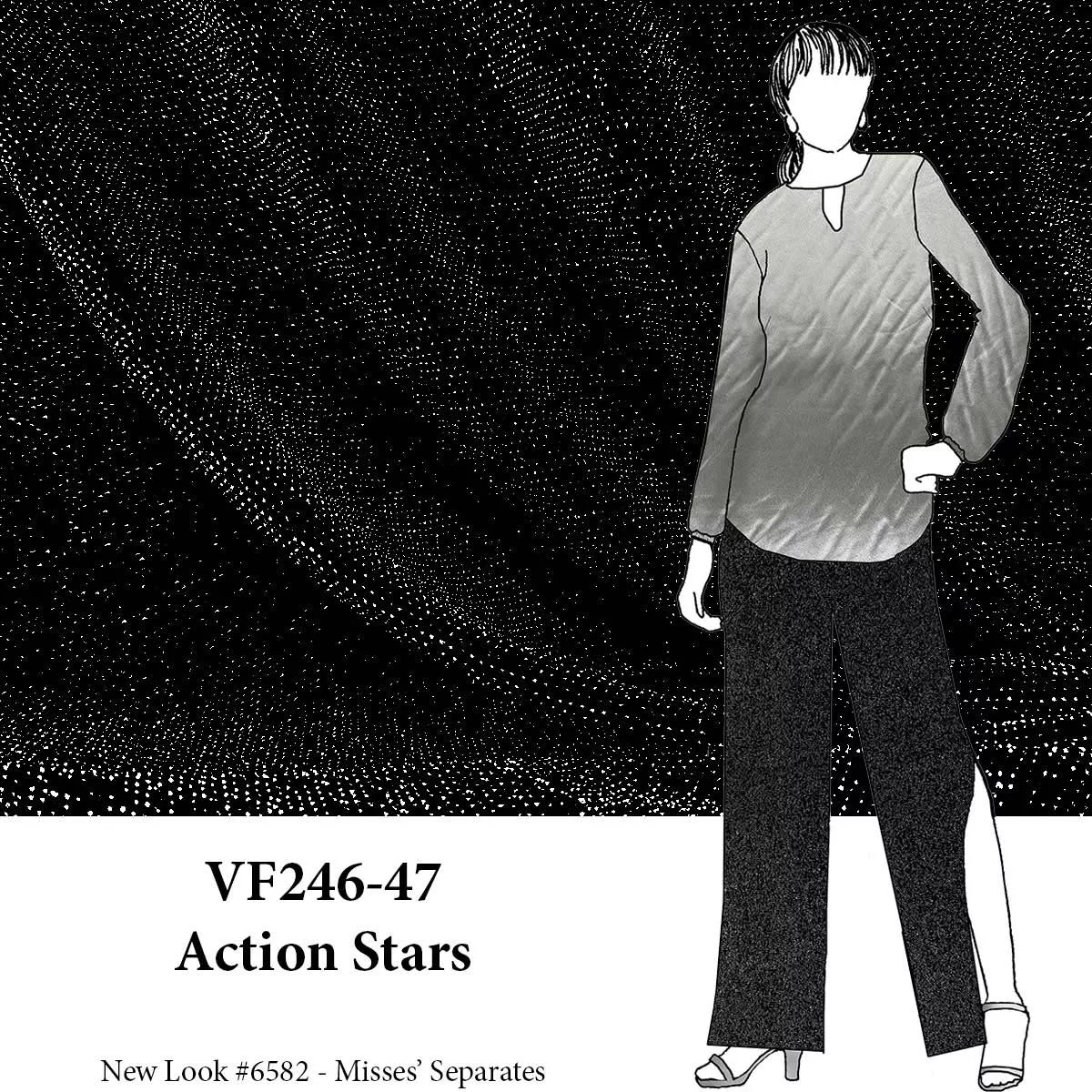 VF246-47 Action Stars - Glimmering Silver on Black Knit Fabric