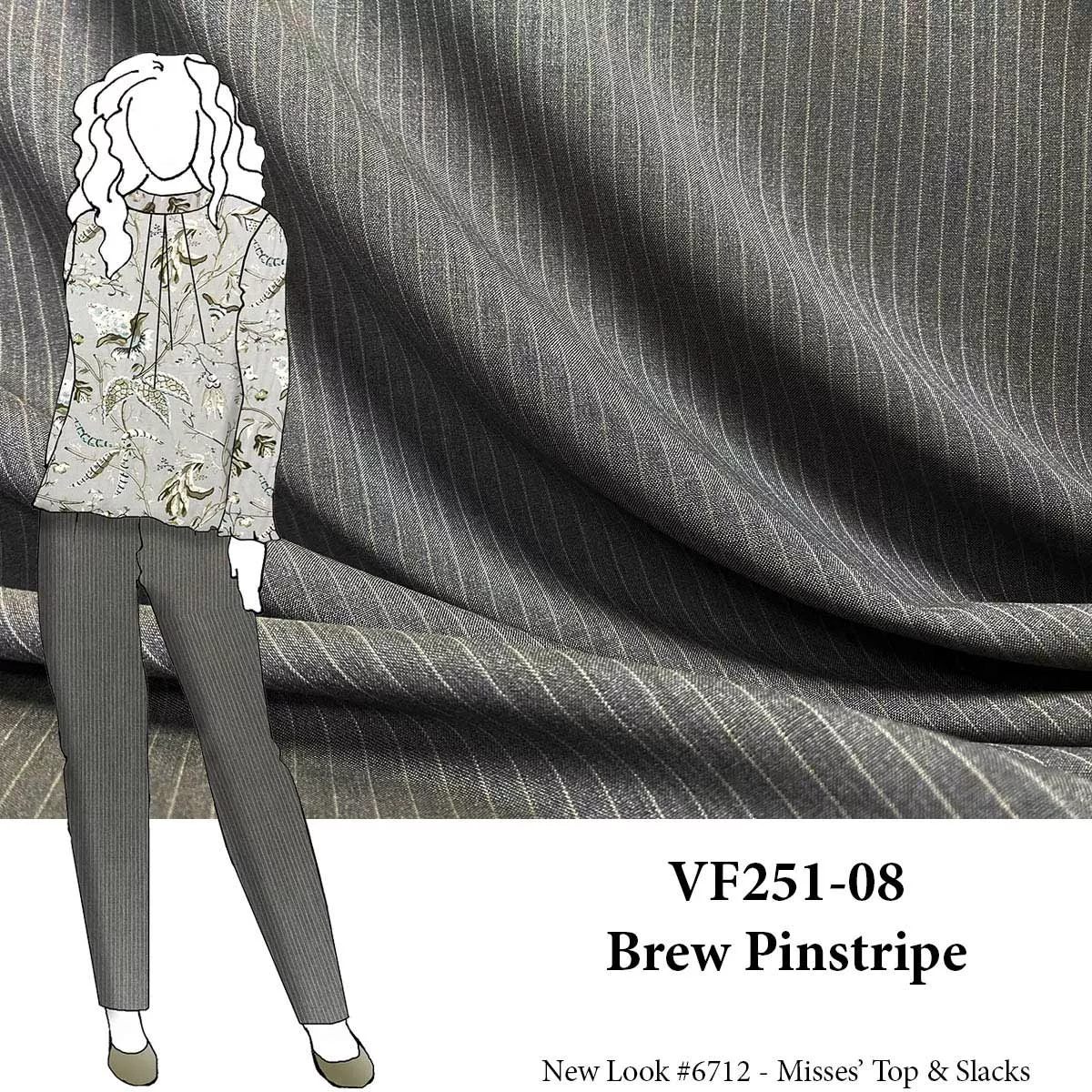 VF251-08 Brew Pinstripe - Gray Worsted Wool Suiting Fabric with Ivory Pinstripes