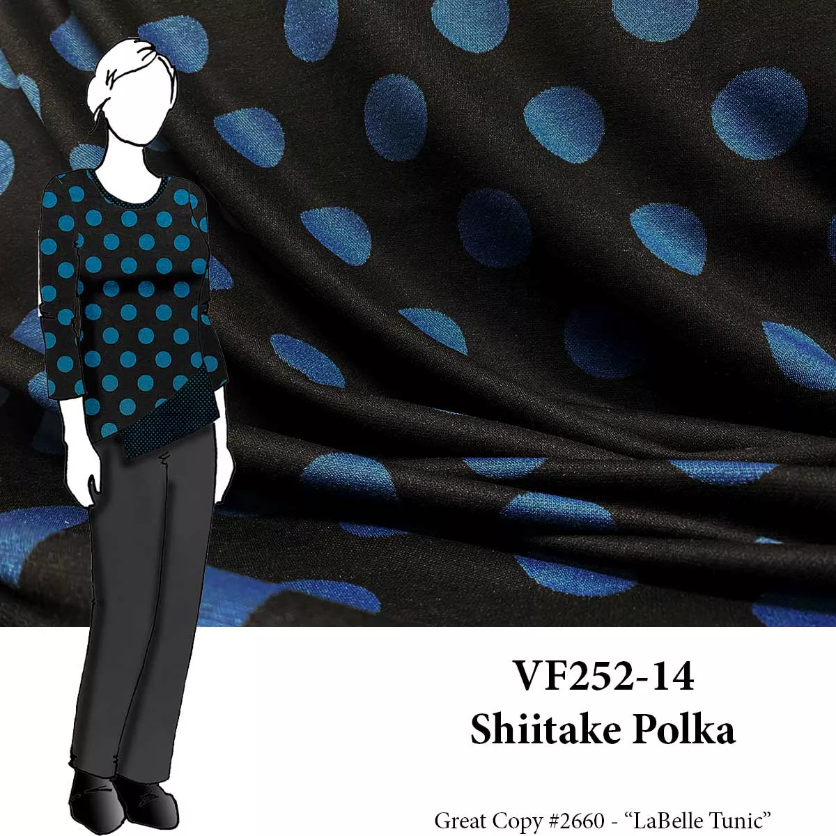 VF252-14 Shiitake Polka - Teal Polka Dots on Black Ponte Knit Fabric