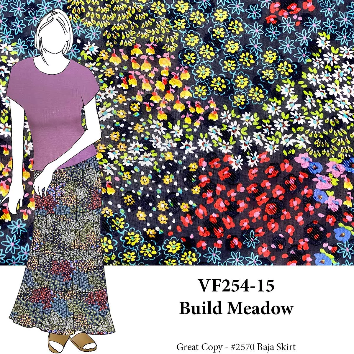 VF254-15 Build Meadow - Colorful Floral Poly Chiffon Fabric with Satin Dots on Dark Navy