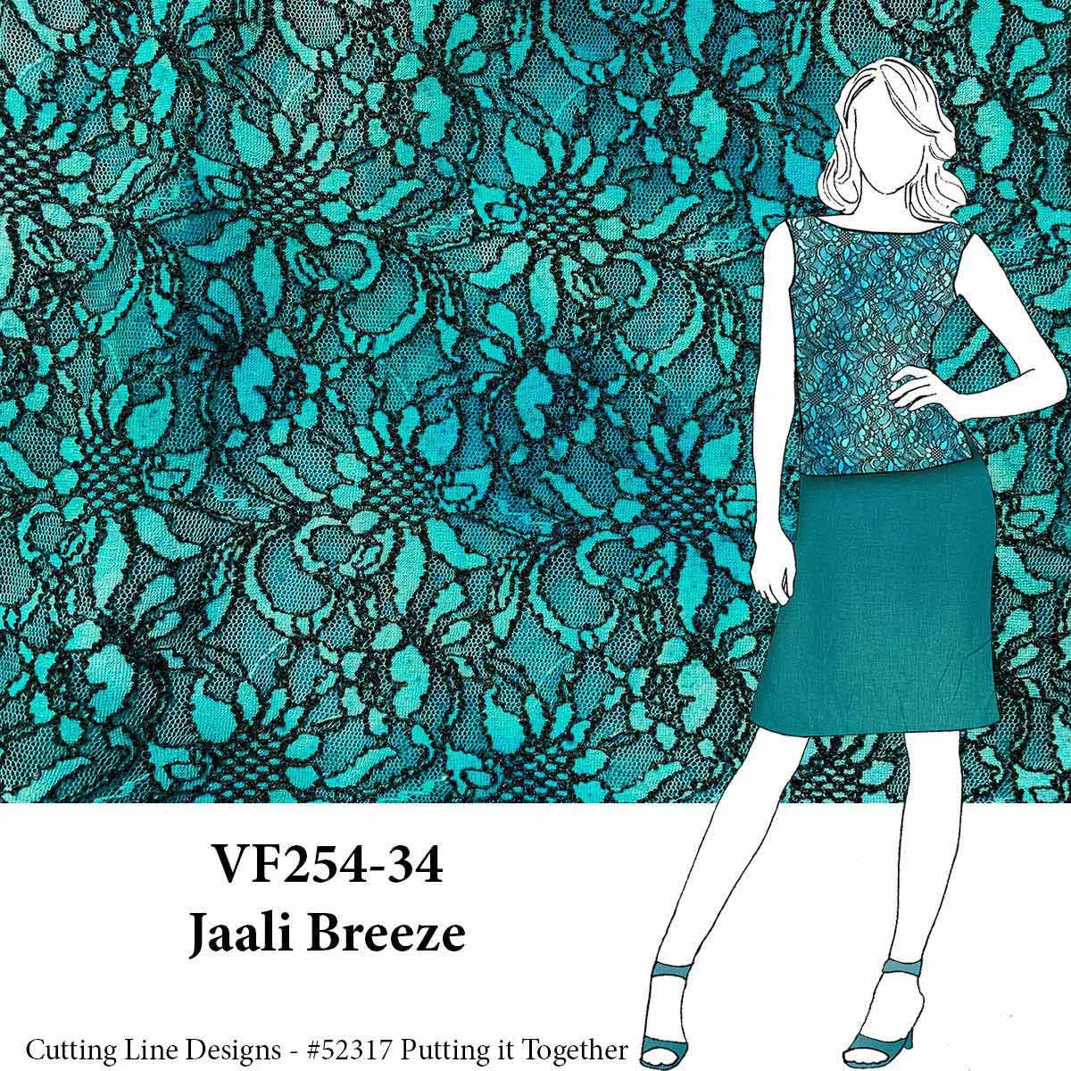 VF254-34 Jaali Breeze - Jade & Black Designer Stretch Lace Fabric