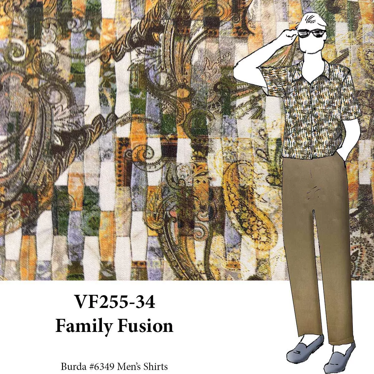 VF255-34 Family Fusion - Moss & Gold Rayon Challis Print Fabric