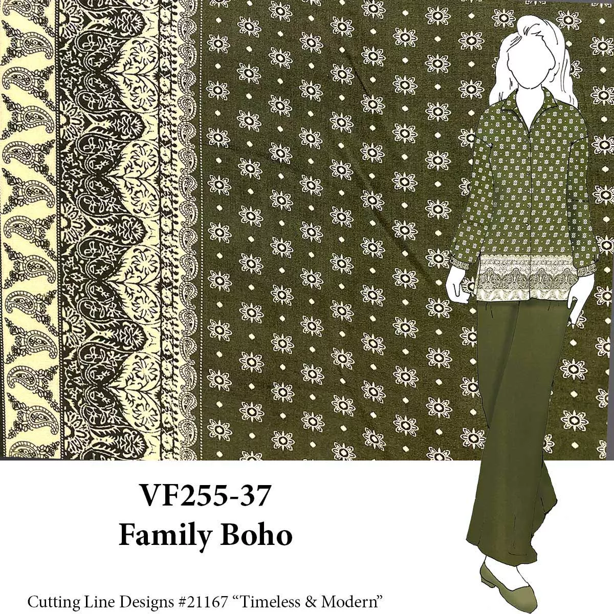 VF255-37 Family Boho - Green Double-bordered Challis Fabric
