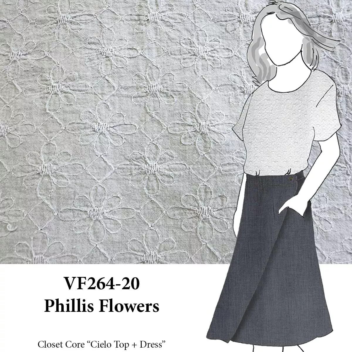 VF264-20 Phillis Flowers - Dove Grey Embroidered Cotton Fabric