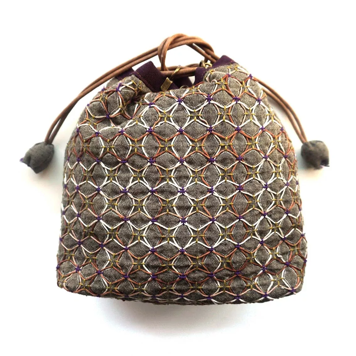 Weaving Sashiko Drawstring Bag with KOKI Hydrangea Half Kit Brown