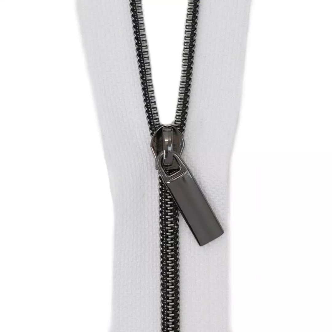 White #3 Nylon Gunmetal Coil Zippers: 3 Yards with 9 Pulls