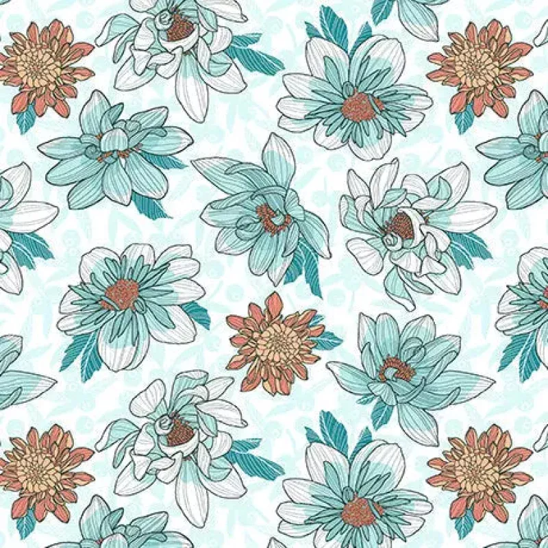 White Dahlias at Dusk Floral Toss Cotton 44"/45" Fabric Per Yard