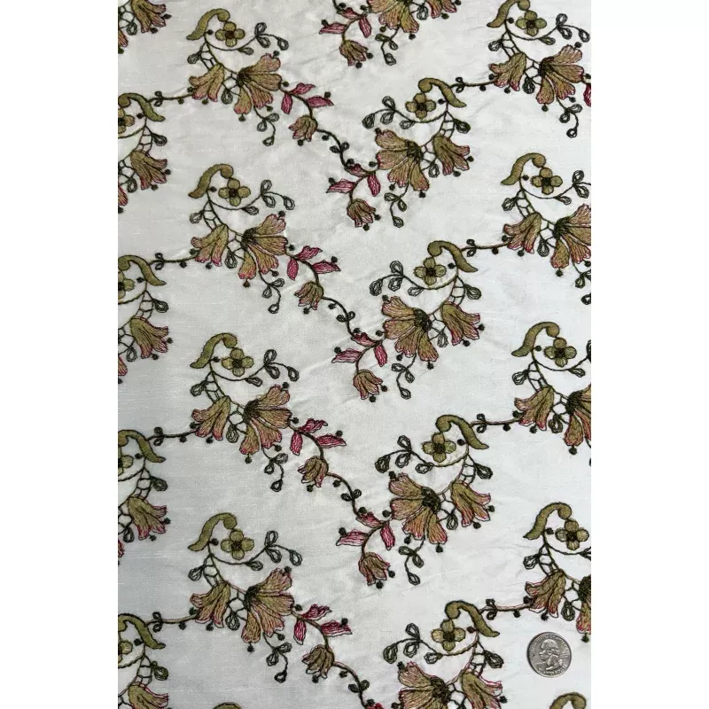 White/Multicolor Embroidered Dupioni Silk MED-206