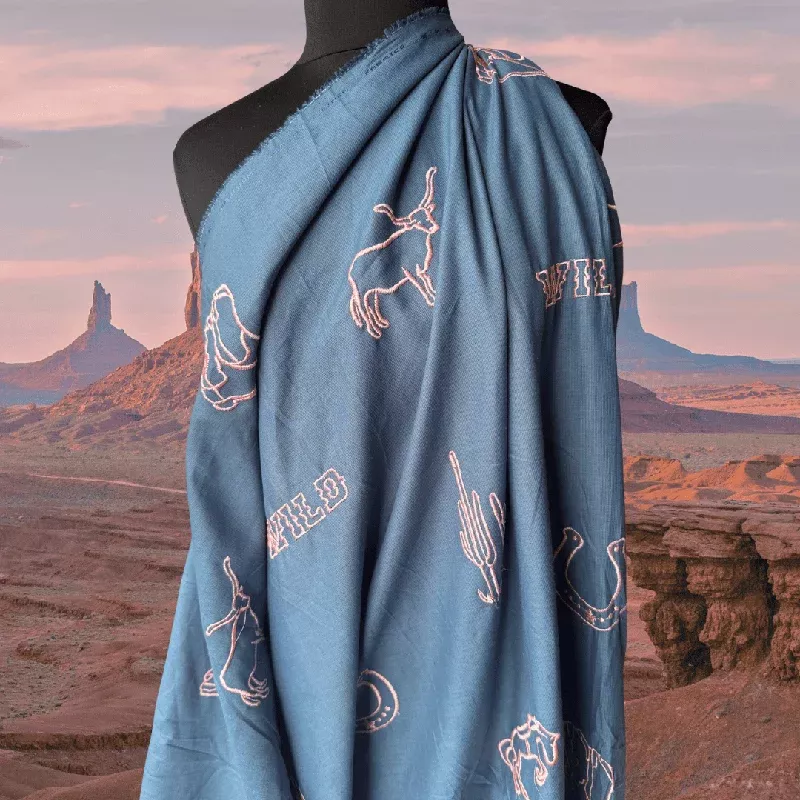 Wild West in Teal – Custom Embroidery on Linen Cotton