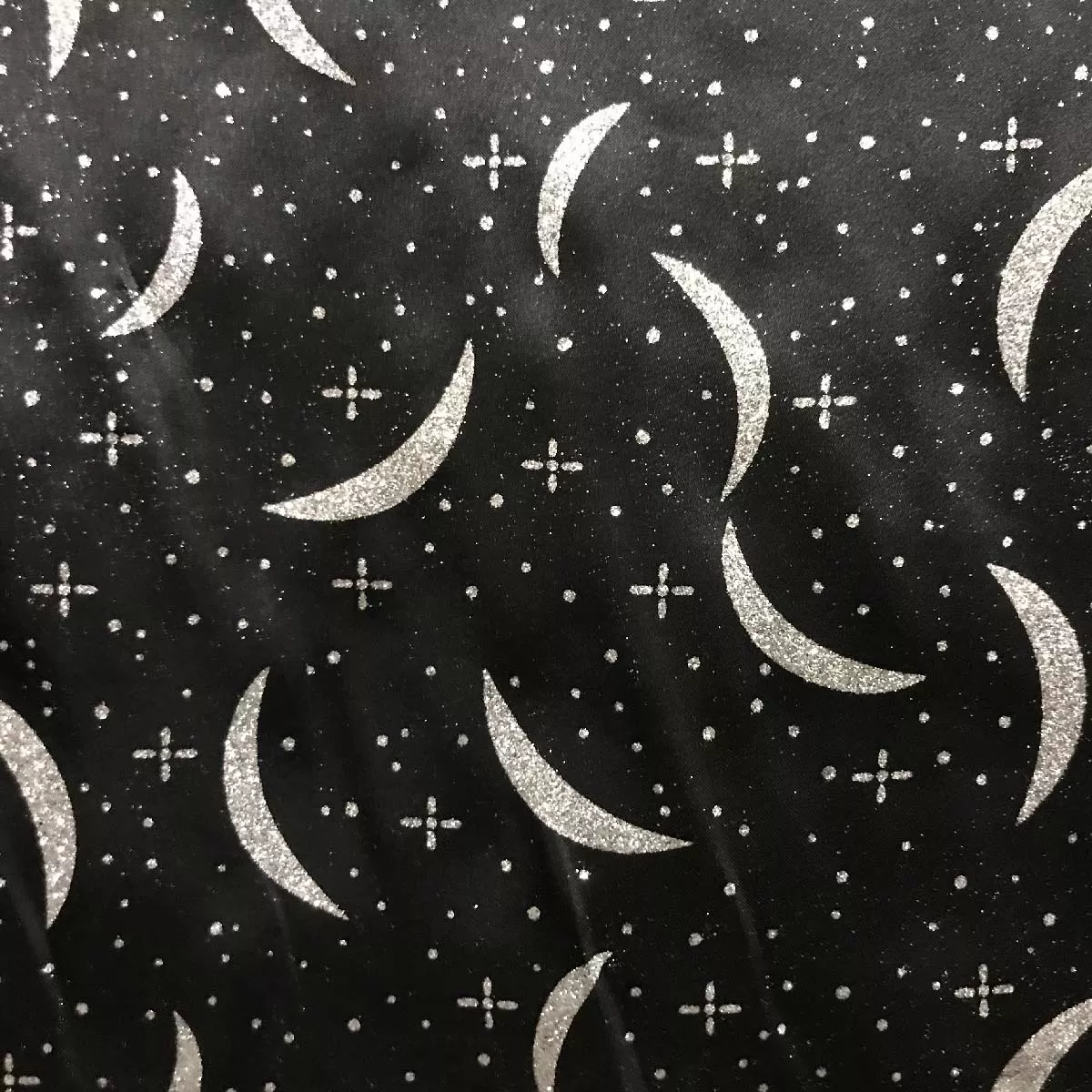 Wizard Magic Fabric - Silver Sparkle Moons on Black Satin
