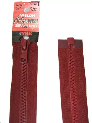 YKK Separating Zipper - One Way Opening, 14" - #527 Cherry