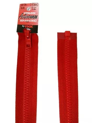 YKK Separating Zipper - One Way Opening, 22" - #519 Red